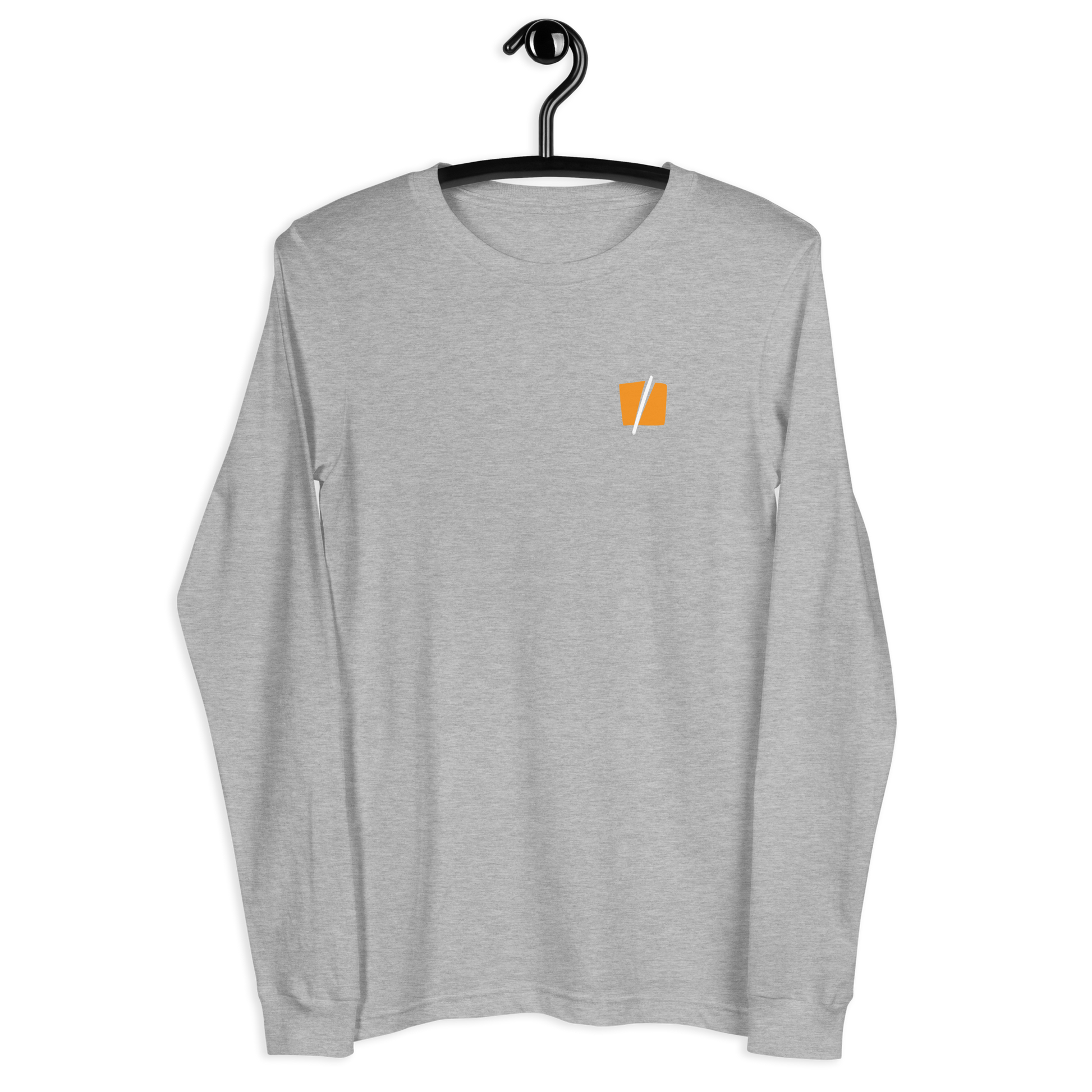 Front view of a athlethic heather colored bitcoin long sleeve tee.