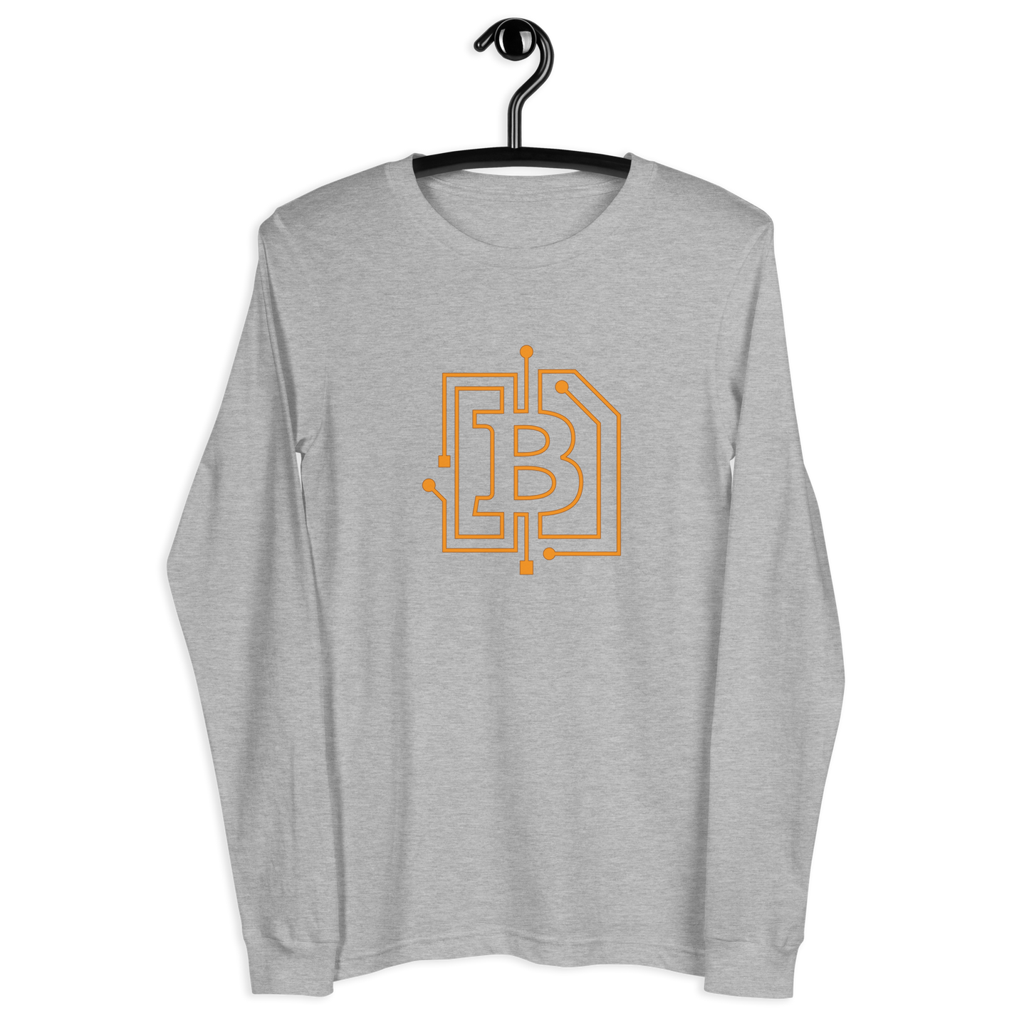 Front view of an athletic heather bitcoin long sleeve tee.