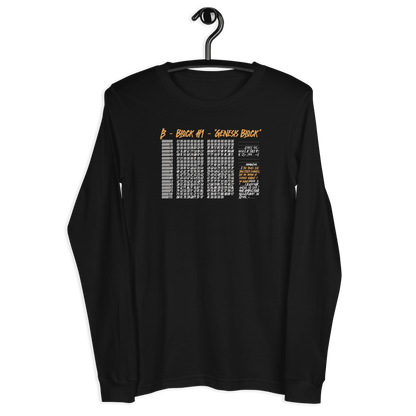 Front view of a black bitcoin long sleeve tee.