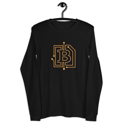 Front view of a black bitcoin long sleeve tee.