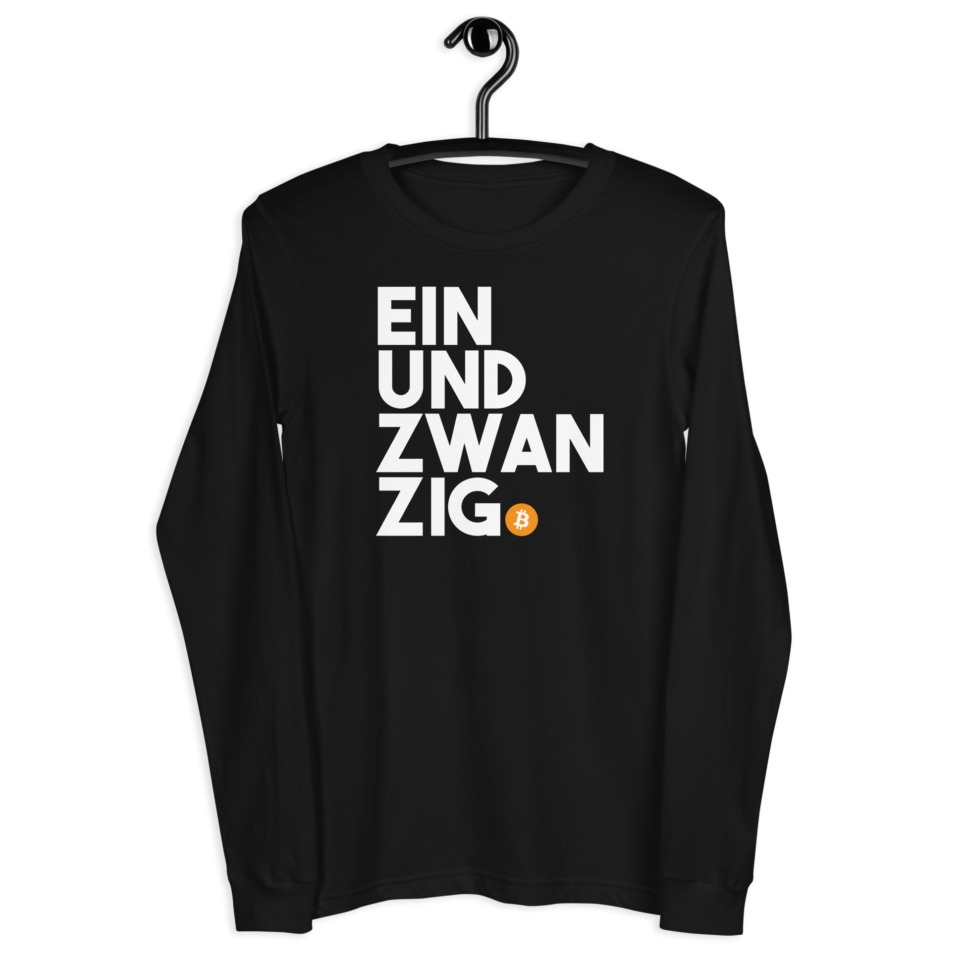 Front view of a black bitcoin long sleeve tee.