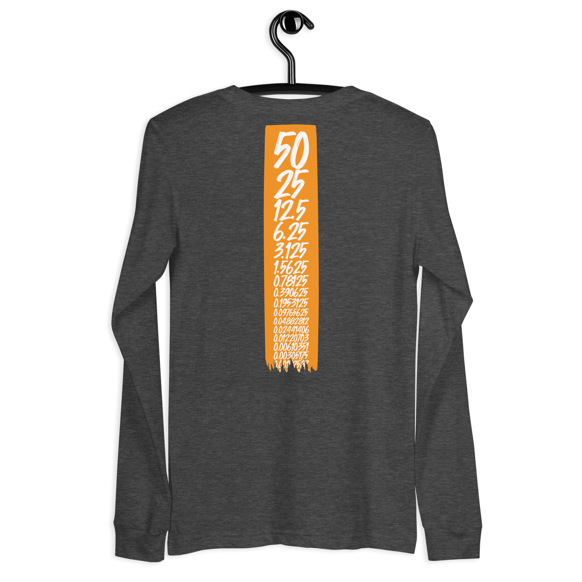 Back view of a dark grey heather bitcoin long sleeve tee.