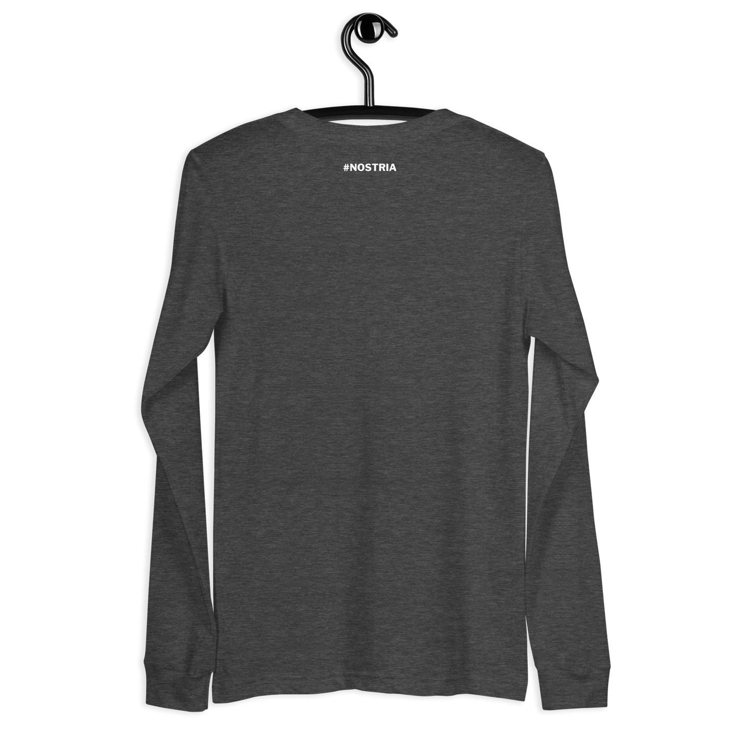 Back view of a dark heather grey nostr DVM long sleeve shirt.