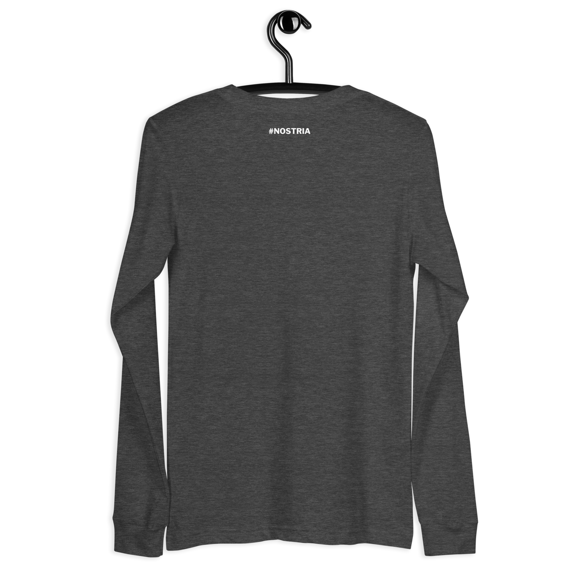 Back view of a dark heather grey nostr DVM long sleeve shirt.