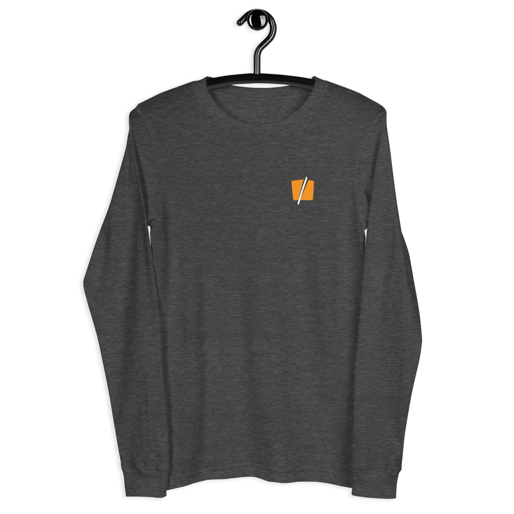 Front view of a dark grey heather bitcoin long sleeve tee.