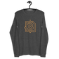 Front view of a dark heather grey colored bitcoin long sleeve tee.