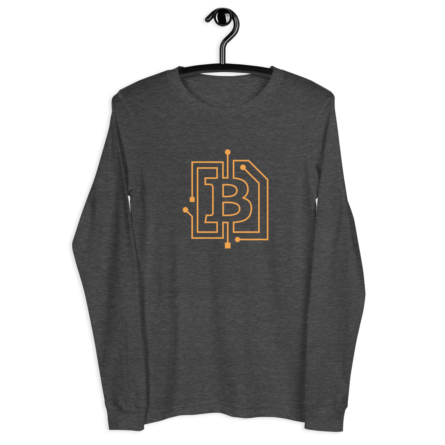 Front view of a dark heather grey colored bitcoin long sleeve tee.