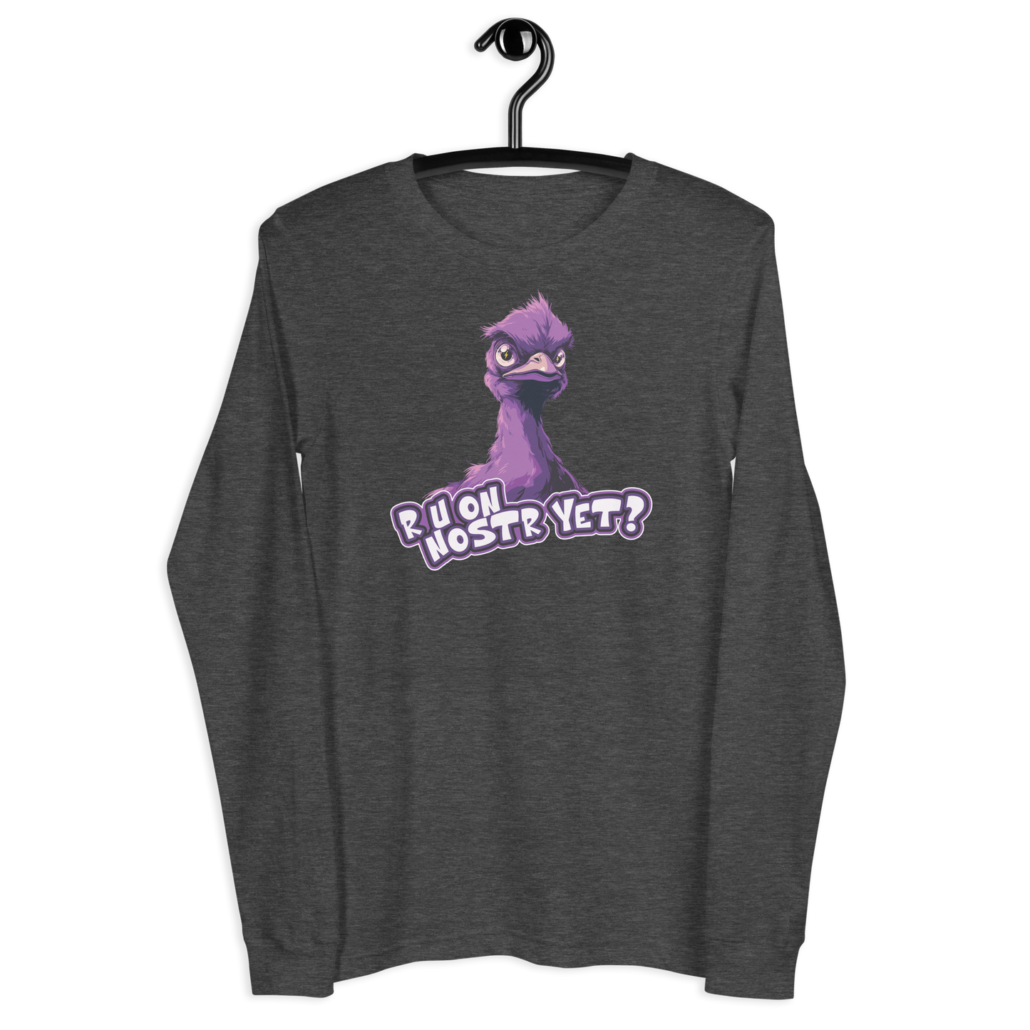 Front view of a dark heather grey nostr long sleeve tee.