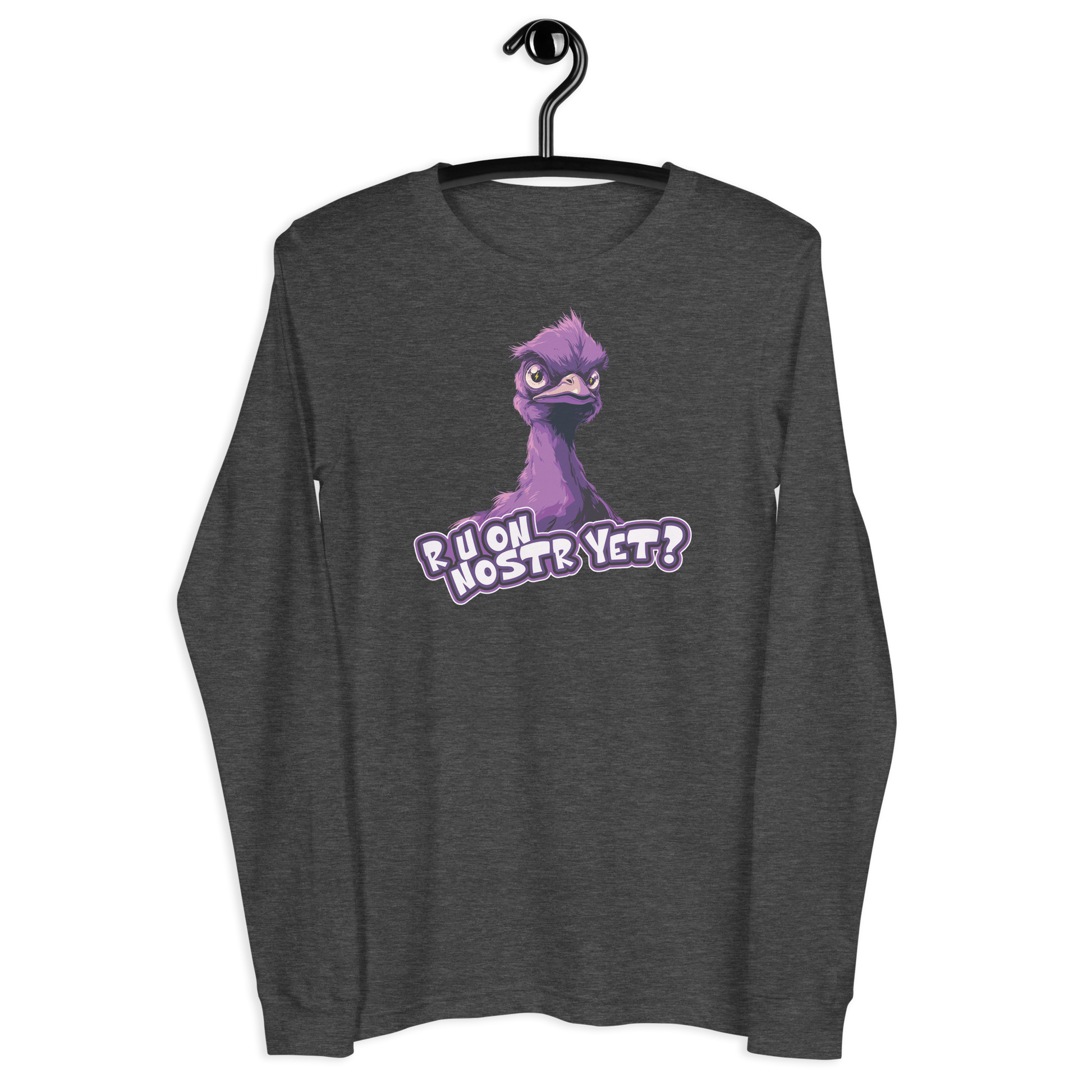 Front view of a dark heather grey nostr long sleeve tee.