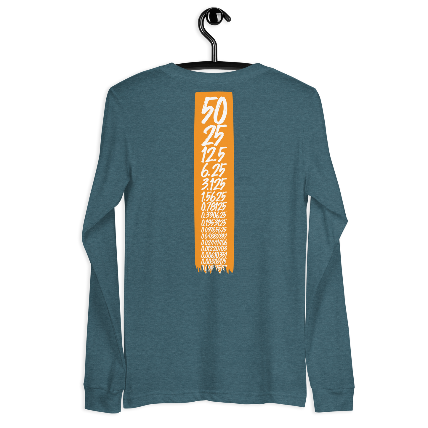 Back view of a heather deep teal colored bitcoin long sleeve tee.