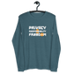 Front view of a heather deep teal colored bitcoin long sleeve tee.