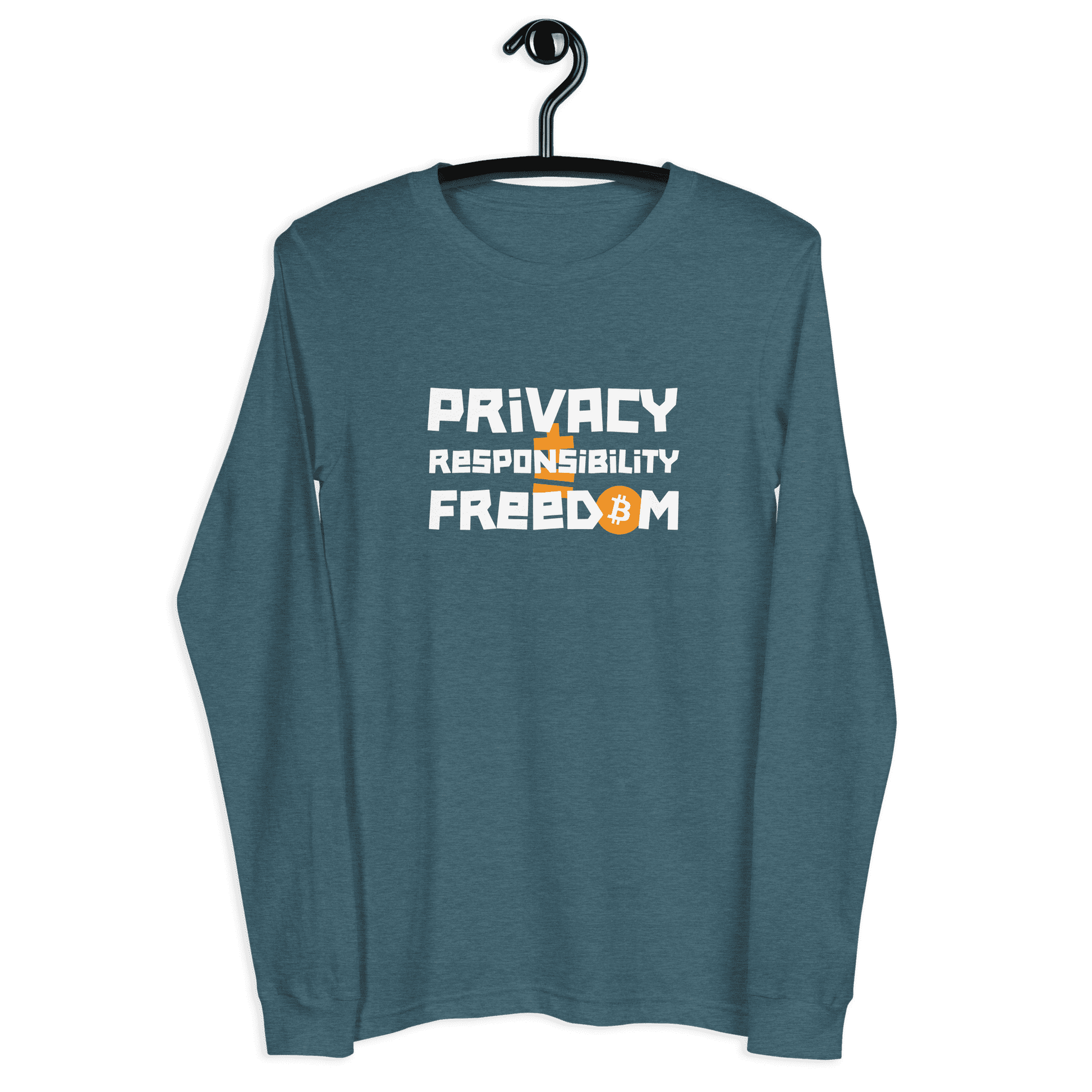 Front view of a heather deep teal colored bitcoin long sleeve tee.