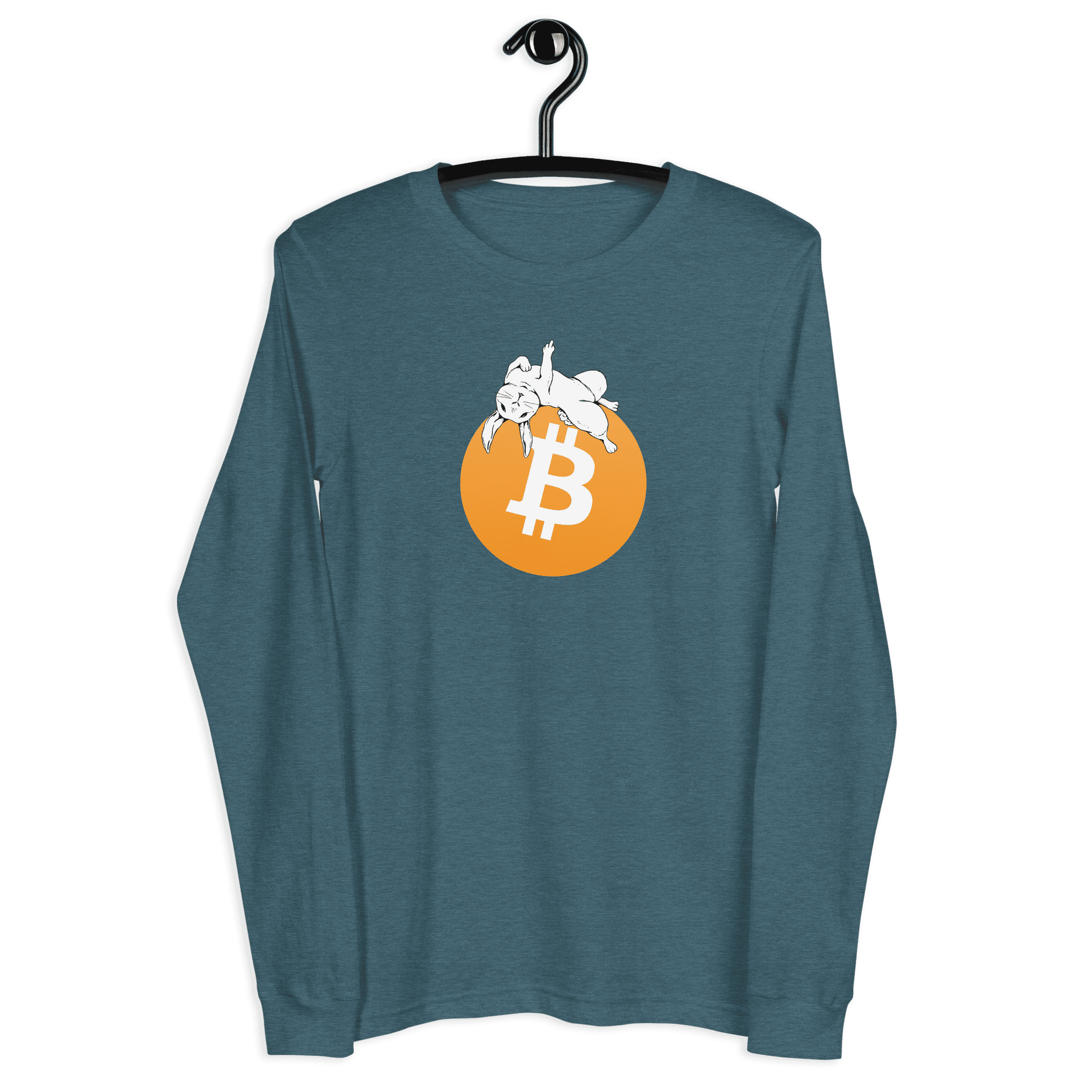 Front view of a heather deep teal colored bitcoin long sleeve tee.