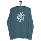 Front view of a heather deep teal colored bitcoin long sleeve tee.