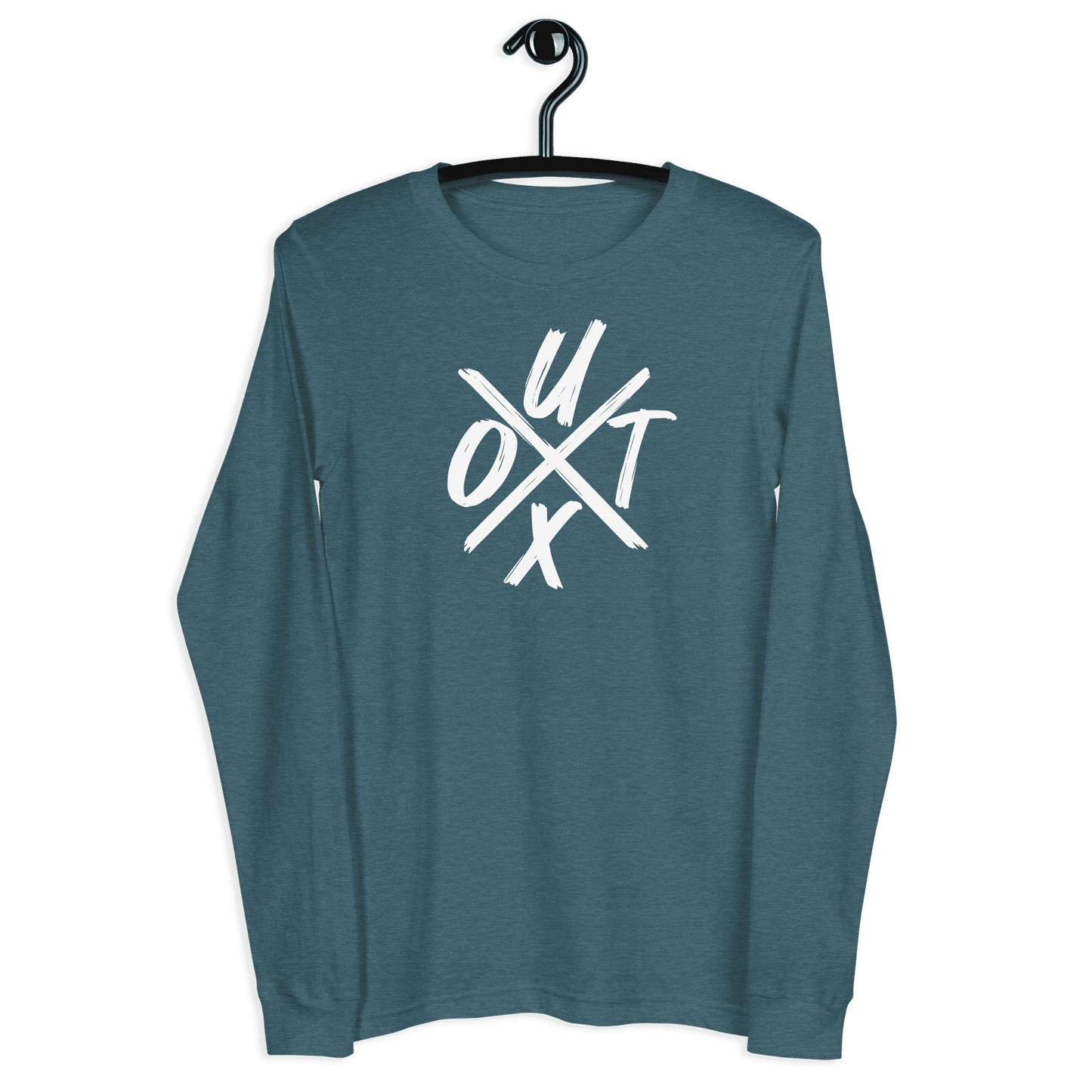 Front view of a heather deep teal colored bitcoin long sleeve tee.