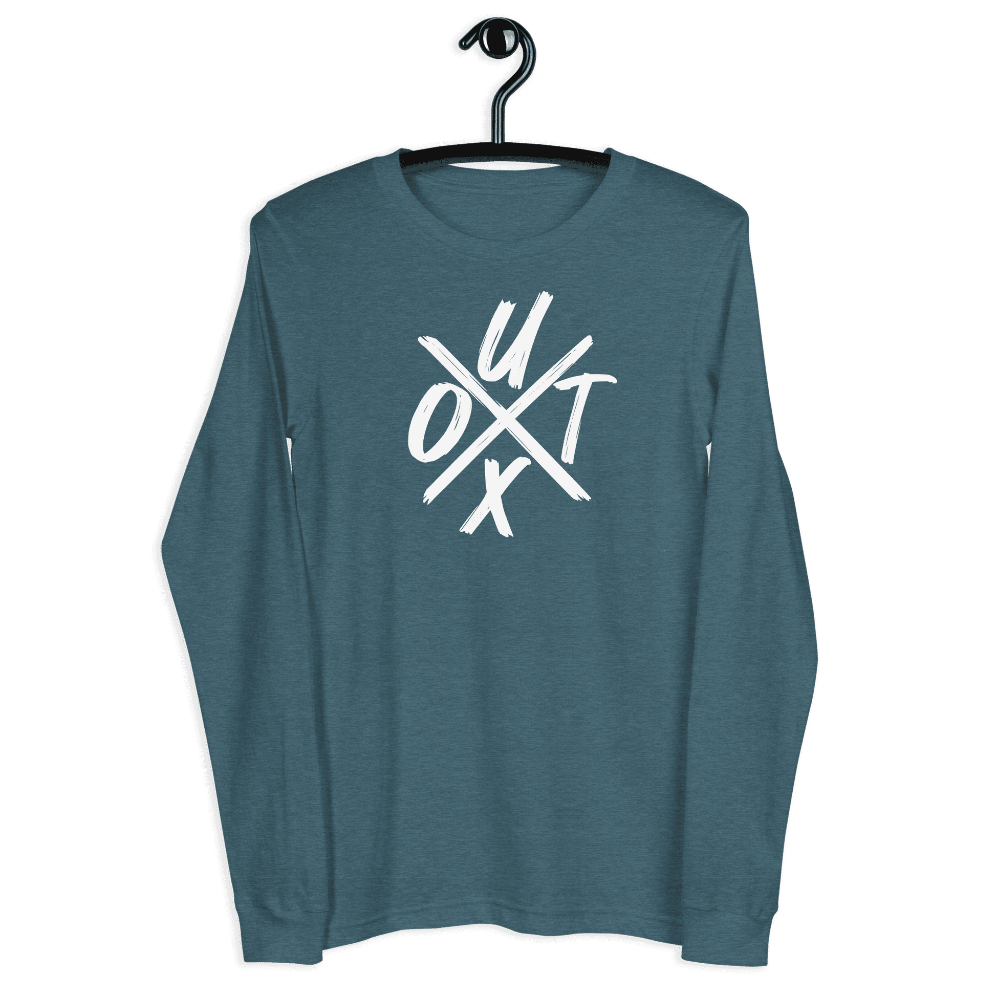 Front view of a heather deep teal colored bitcoin long sleeve tee.