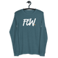 Front view of a heather deep teal colored bitcoin long sleeve tee.