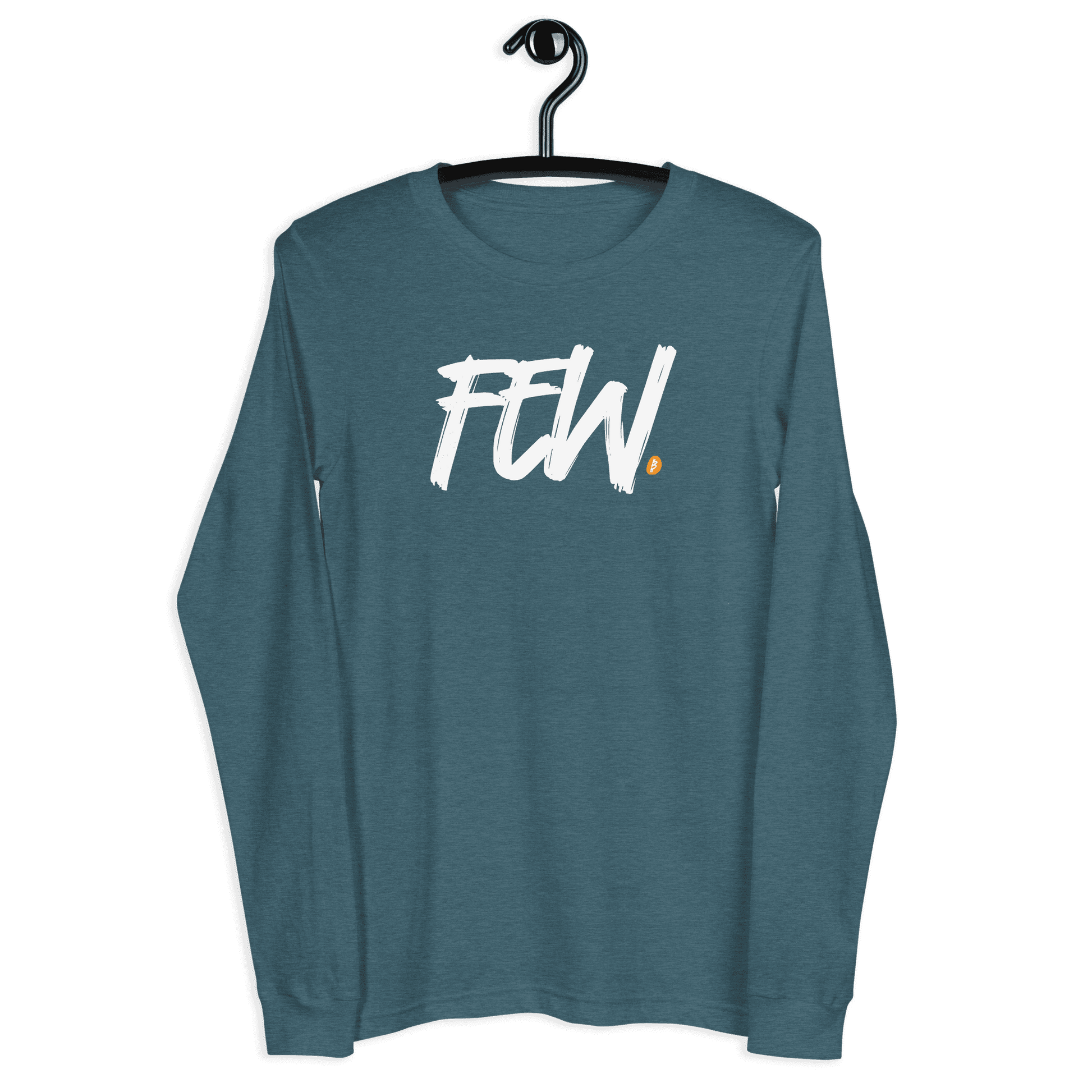 Front view of a heather deep teal colored bitcoin long sleeve tee.