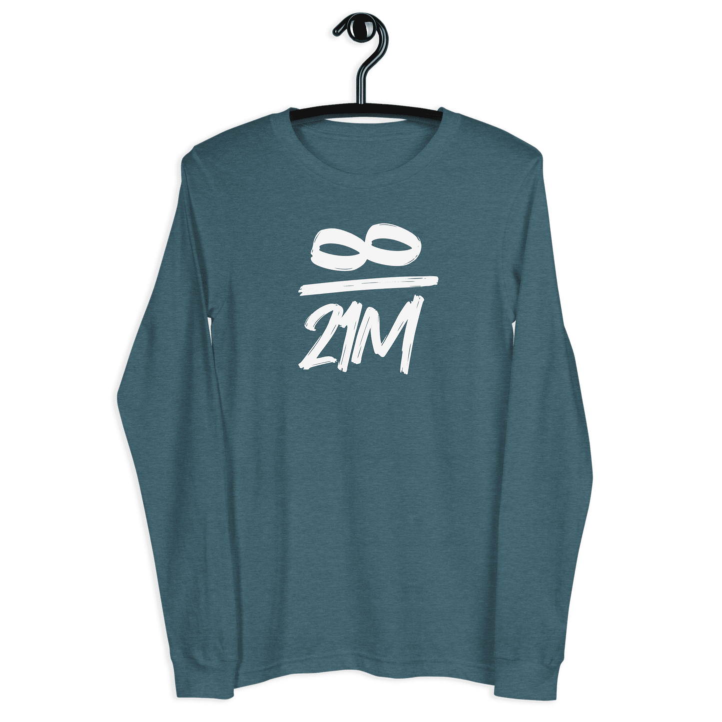 Front view of a heather deep teal colored bitcoin long sleeve tee.