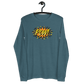 Front view of a heather deep teal colored bitcoin long sleeve tee.