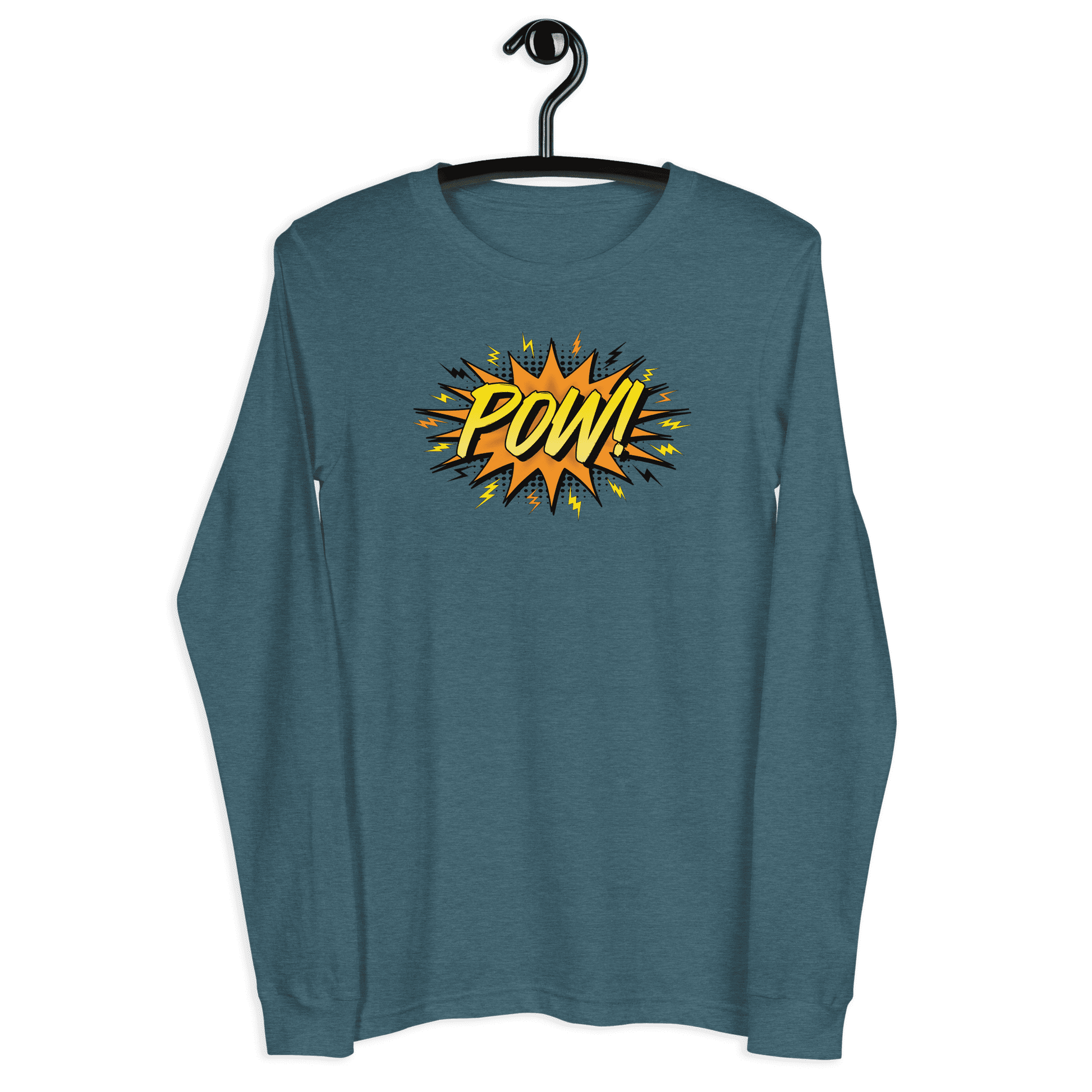 Front view of a heather deep teal colored bitcoin long sleeve tee.