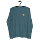 Front view of a heather deep teal colored bitcoin long sleeve tee.