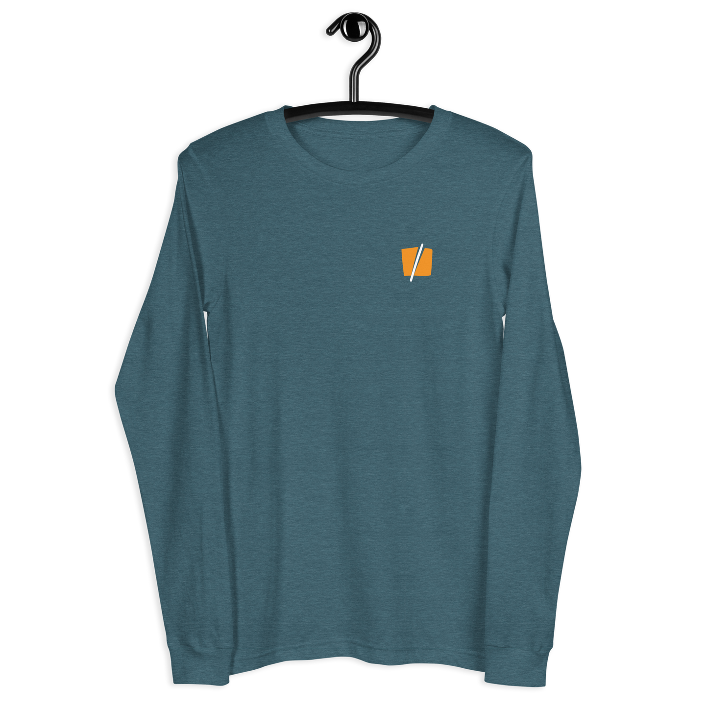 Front view of a heather deep teal colored bitcoin long sleeve tee.