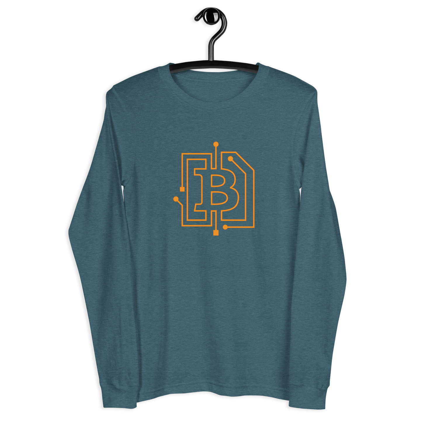 Front view of a heather deep teal colored bitcoin long sleeve tee.