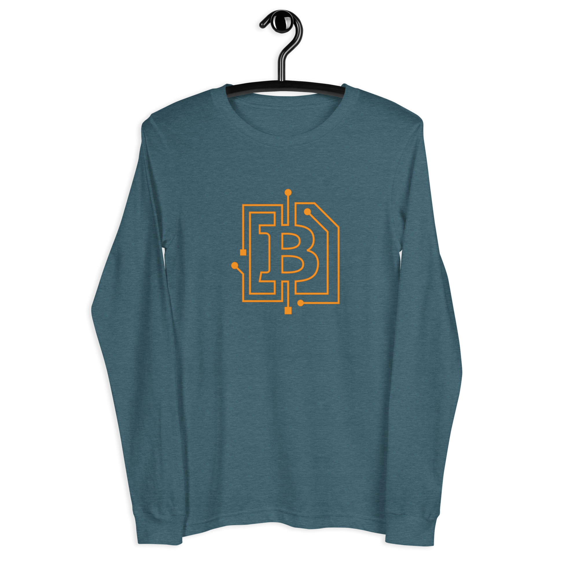 Front view of a heather deep teal colored bitcoin long sleeve tee.