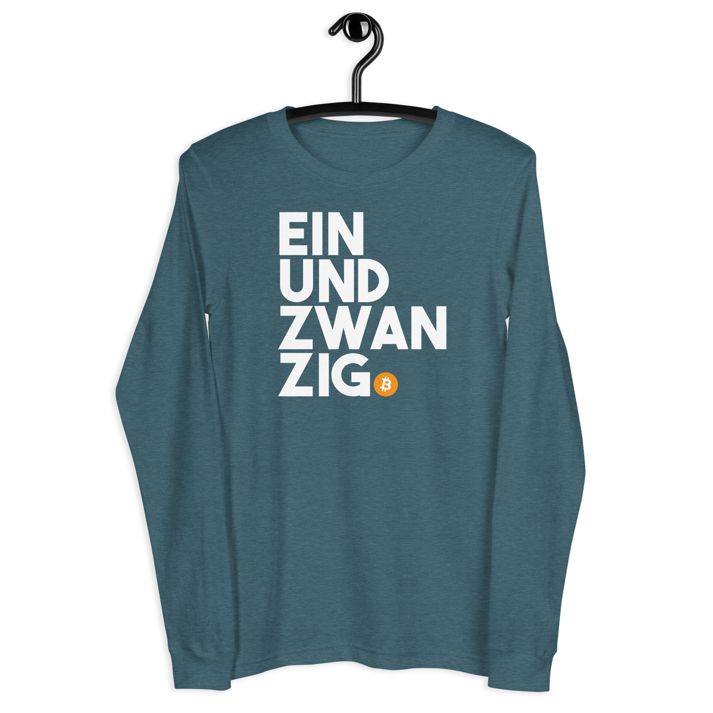 Front view of a heather deep teal colored bitcoin long sleeve tee.