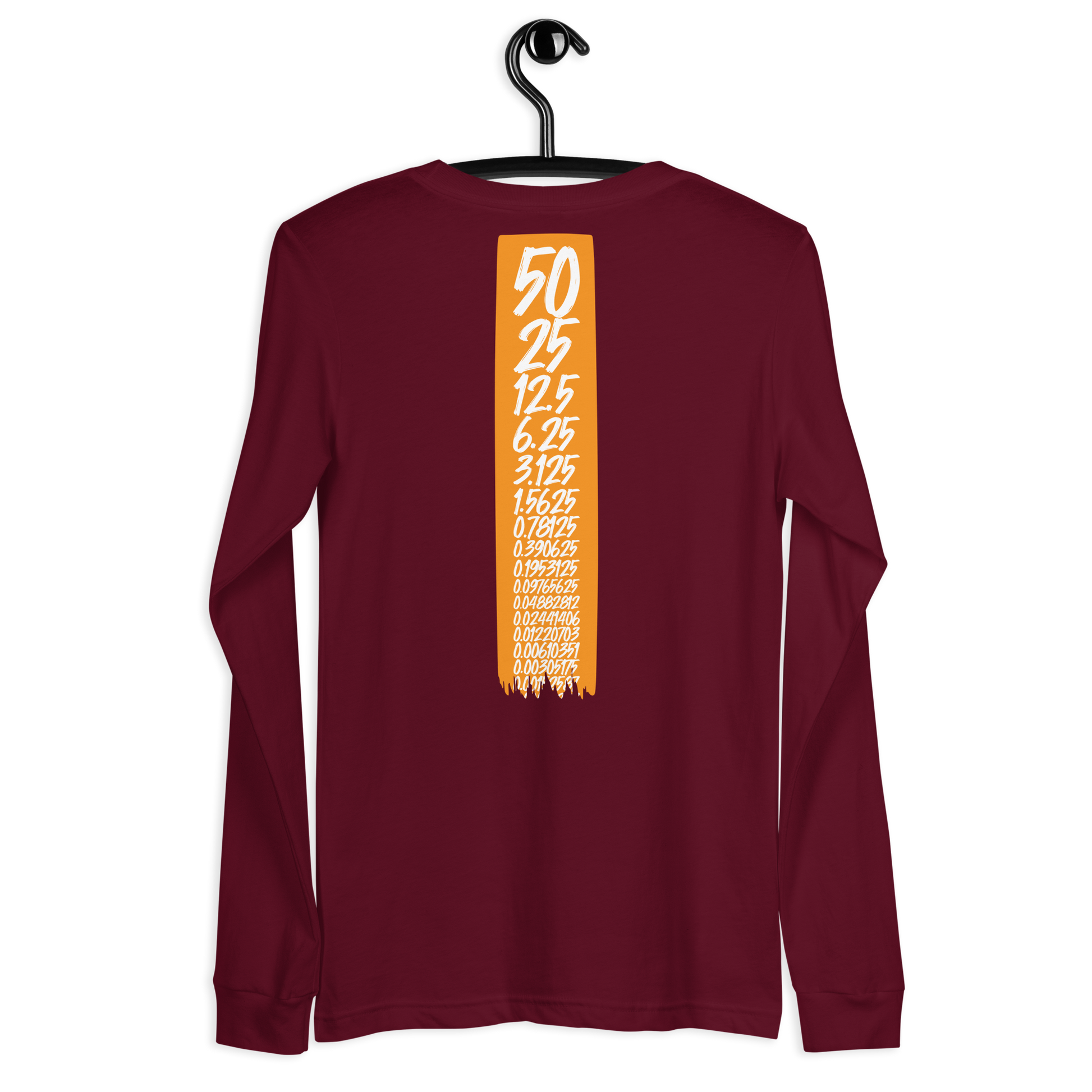 Back view of a maroon colored bitcoin long sleeve tee.