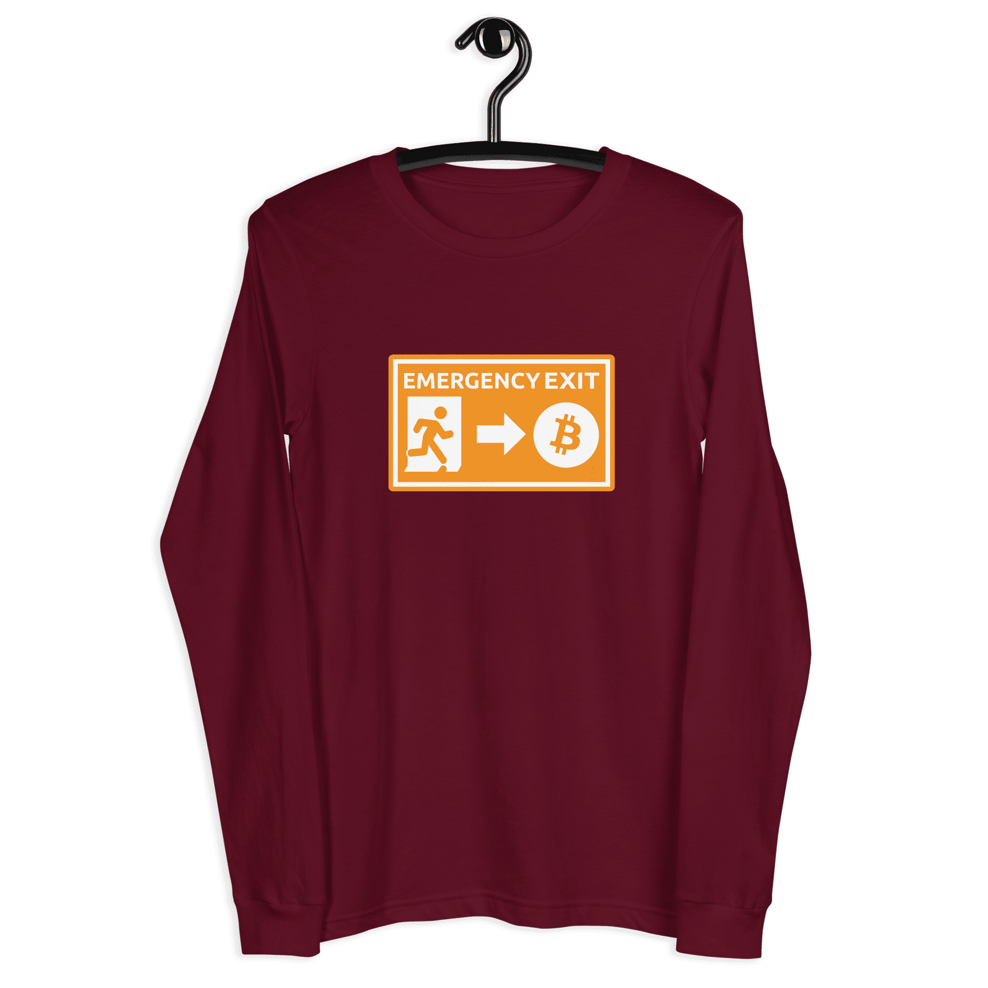 Front view of a maroon colored bitcoin long sleeve tee.