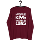 Front view of a maroon colored bitcoin long sleeve tee.