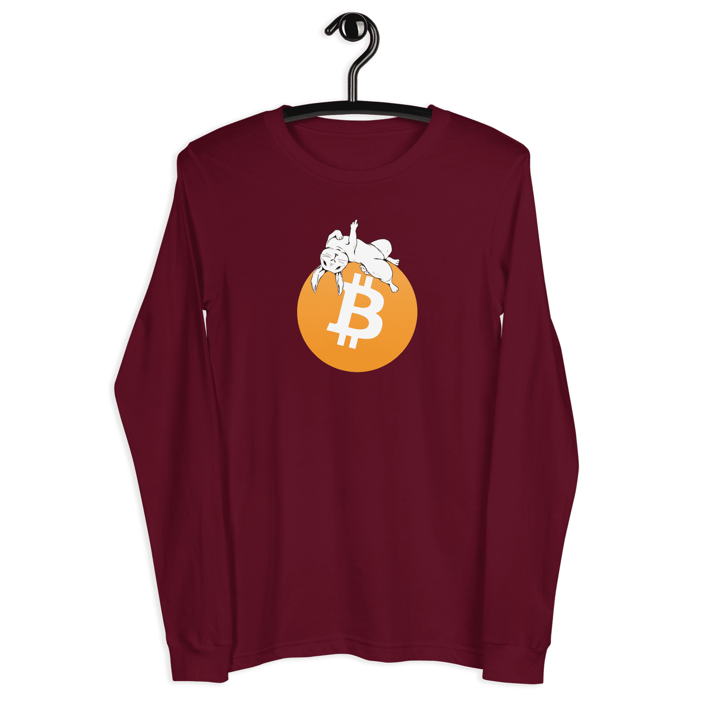 Front view of a maroon colored bitcoin long sleeve tee.