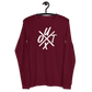 Front view of a maroon colored bitcoin long sleeve tee.