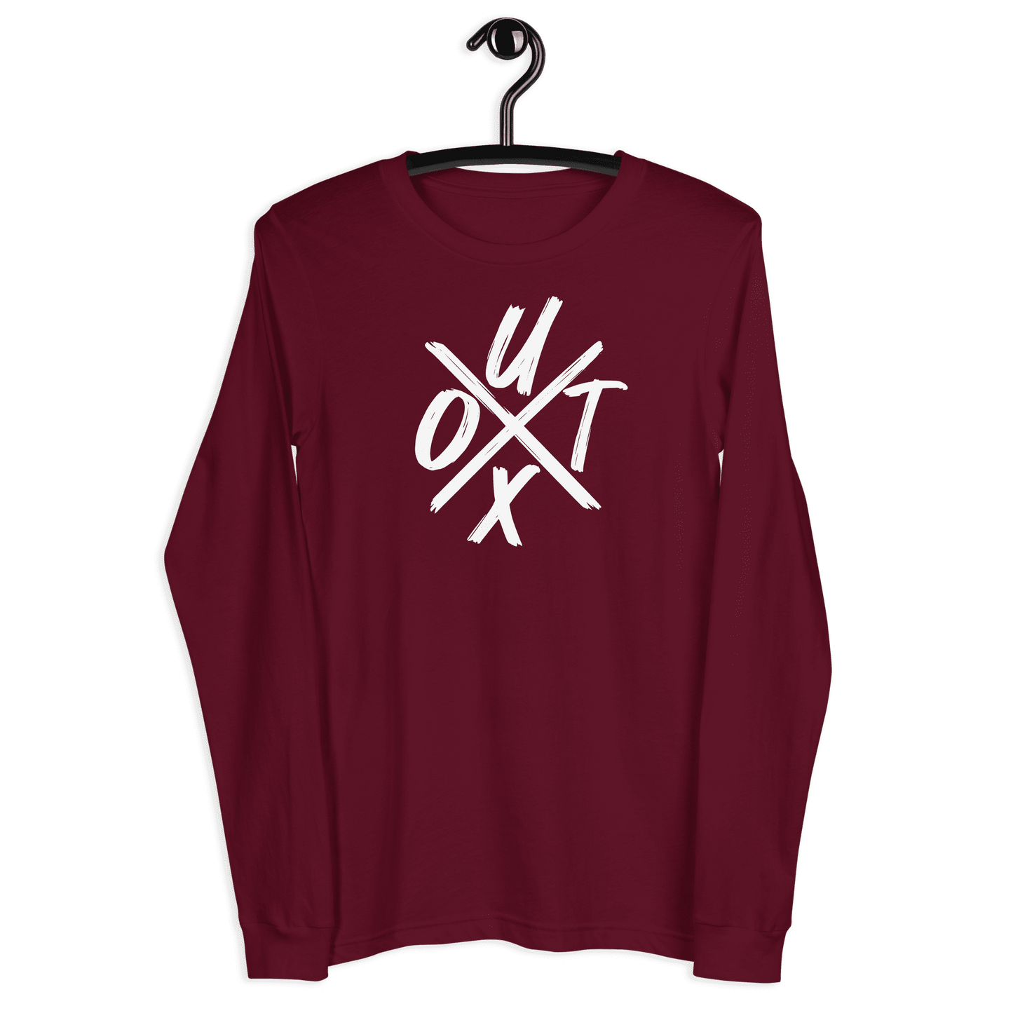 Front view of a maroon colored bitcoin long sleeve tee.