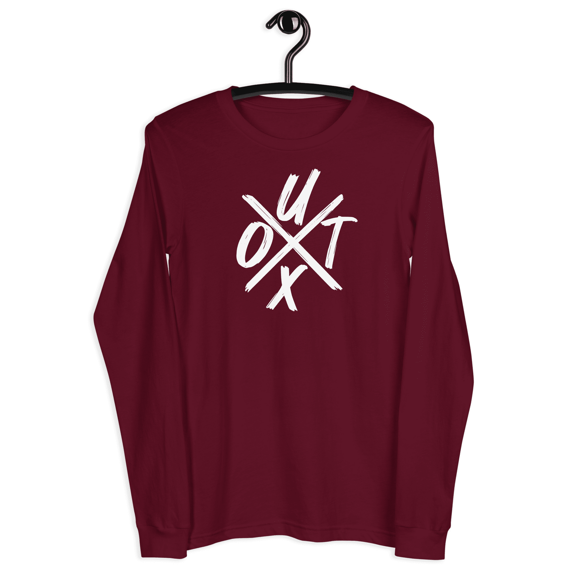 Front view of a maroon colored bitcoin long sleeve tee.