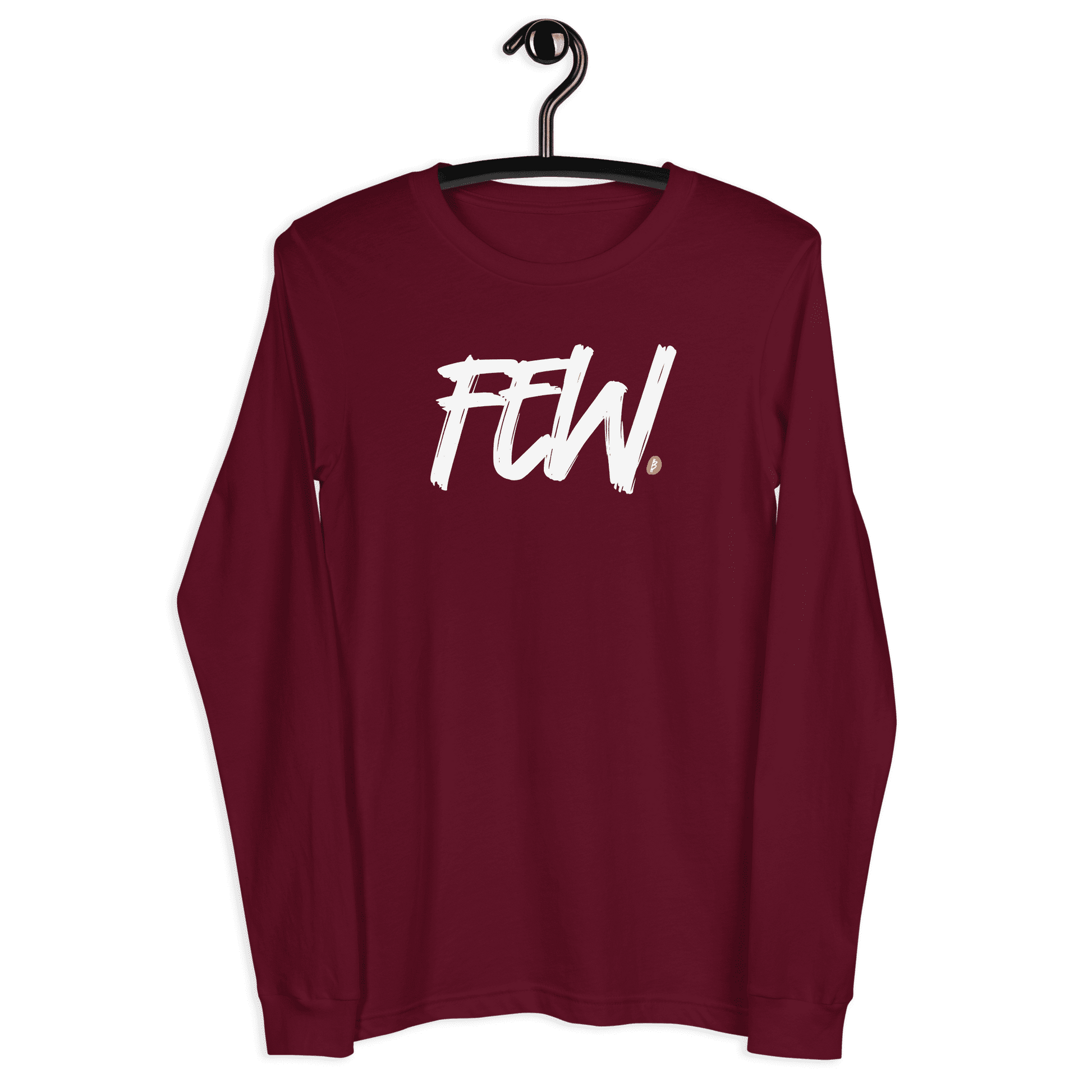 Front view of a maroon colored bitcoin long sleeve tee.