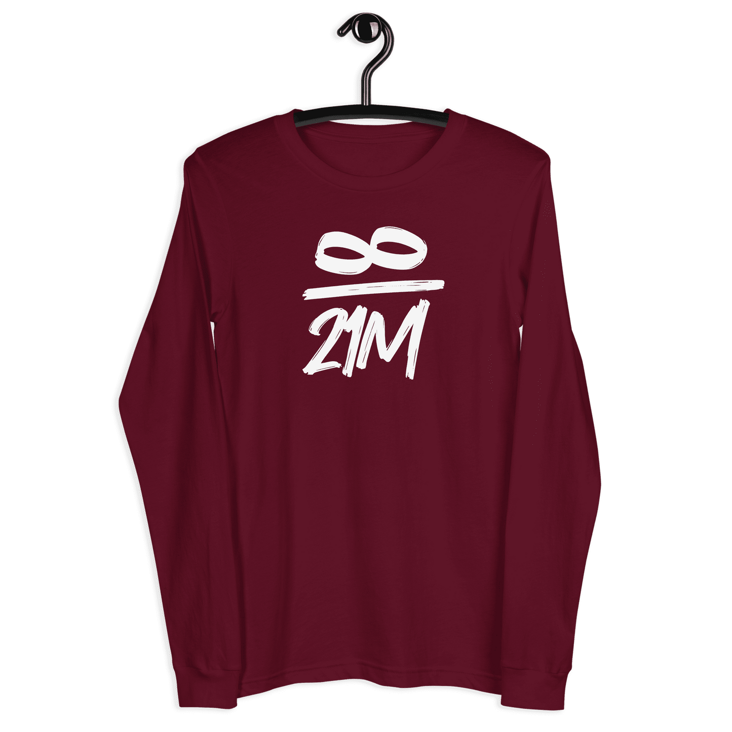 Front view of a maroon colored bitcoin long sleeve tee.