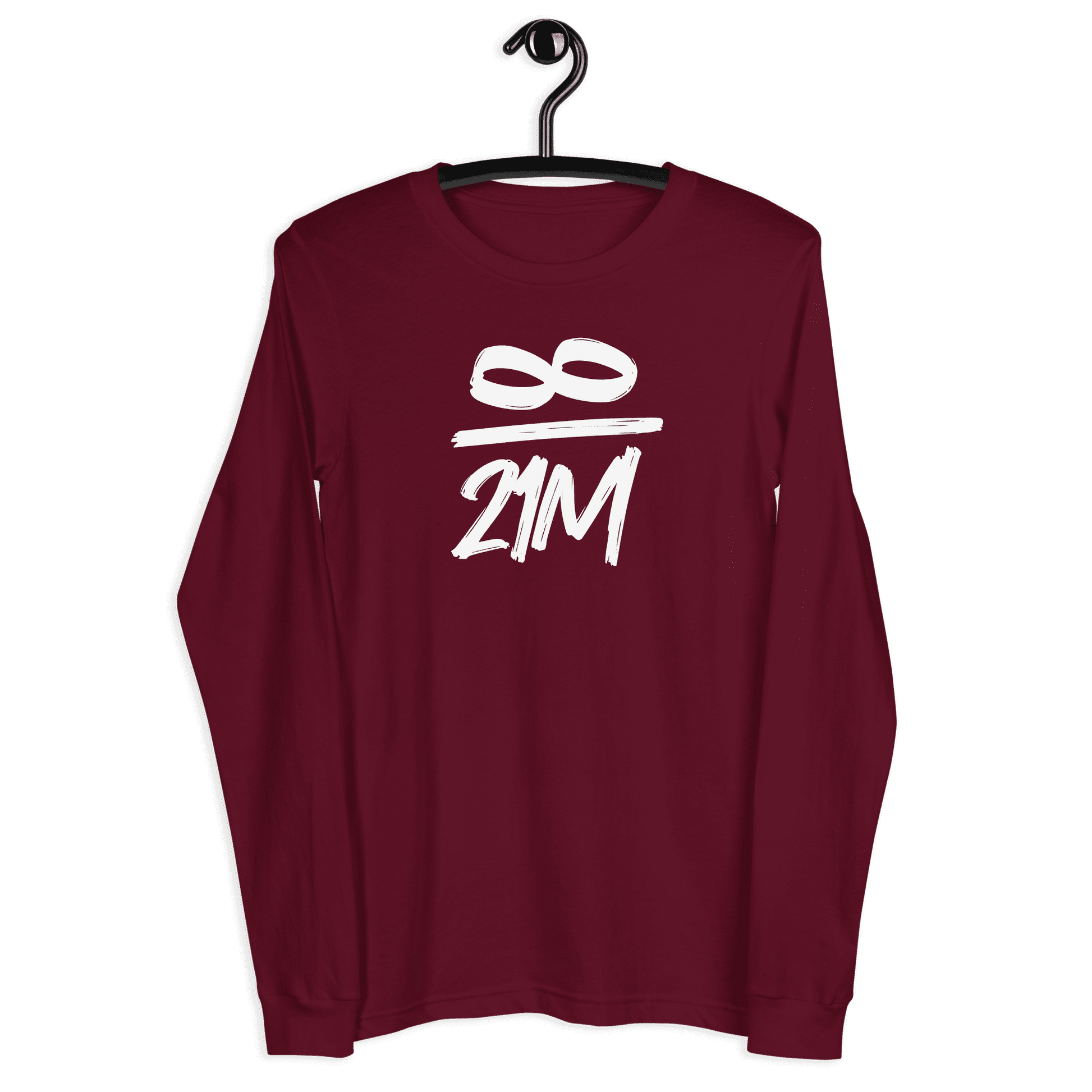 Front view of a maroon colored bitcoin long sleeve tee.