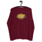 Front view of a maroon colored bitcoin long sleeve tee.