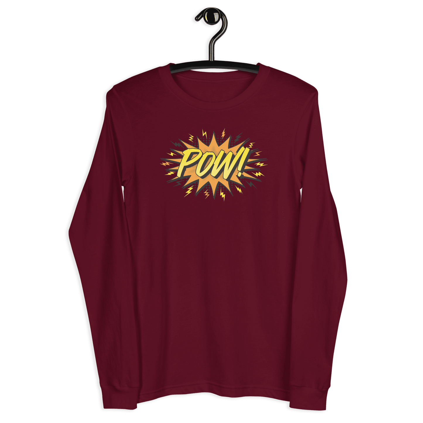 Front view of a maroon colored bitcoin long sleeve tee.