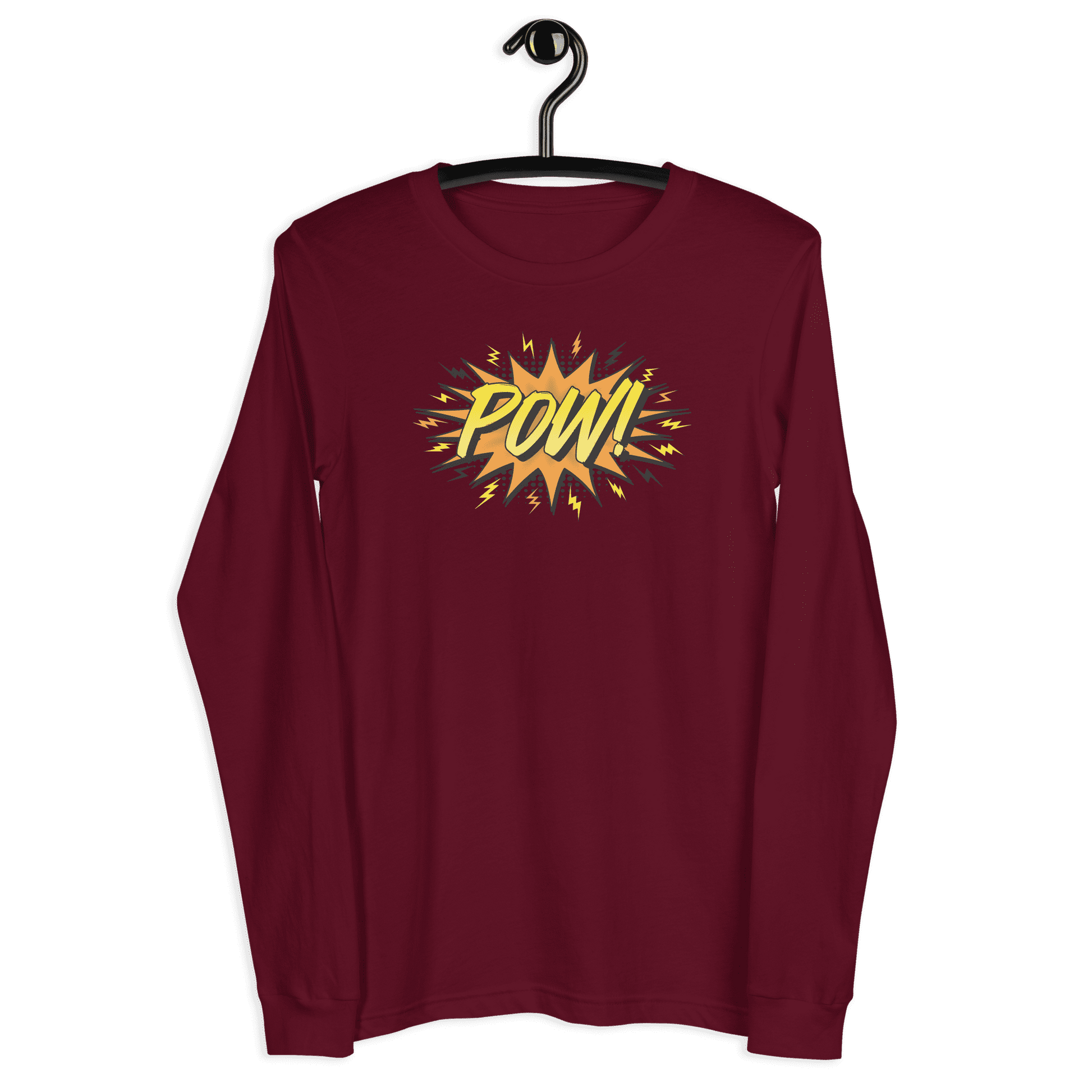 Front view of a maroon colored bitcoin long sleeve tee.