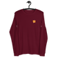 Front view of a maroon colored bitcoin long sleeve tee.