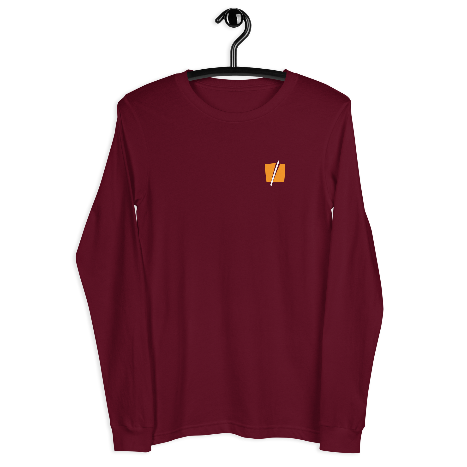 Front view of a maroon colored bitcoin long sleeve tee.