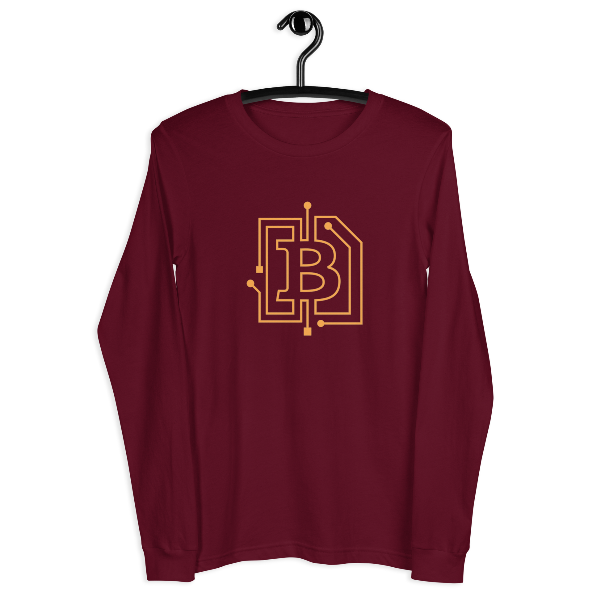 Front view of a maroon colored bitcoin long sleeve tee.