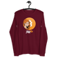 Front view of a maroon colored bitcoin long sleeve tee.