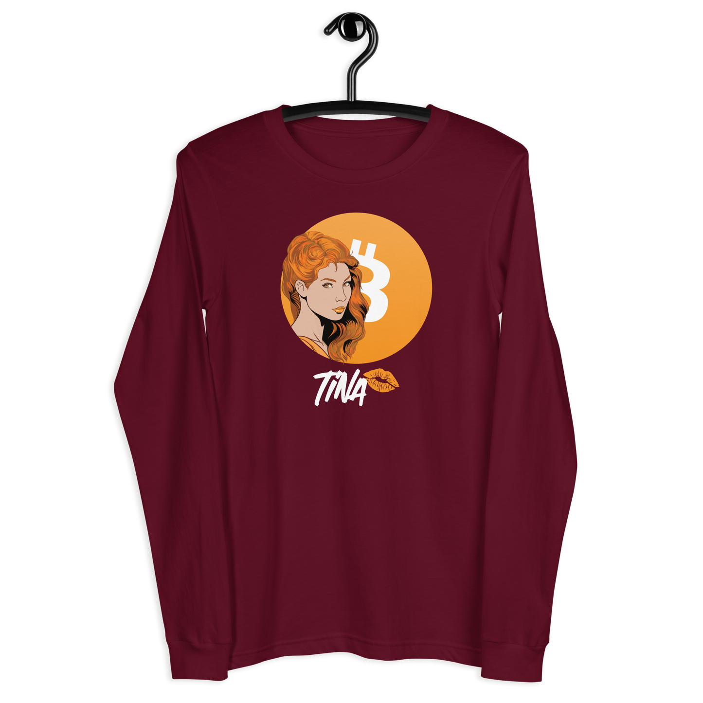 Front view of a maroon colored bitcoin long sleeve tee.