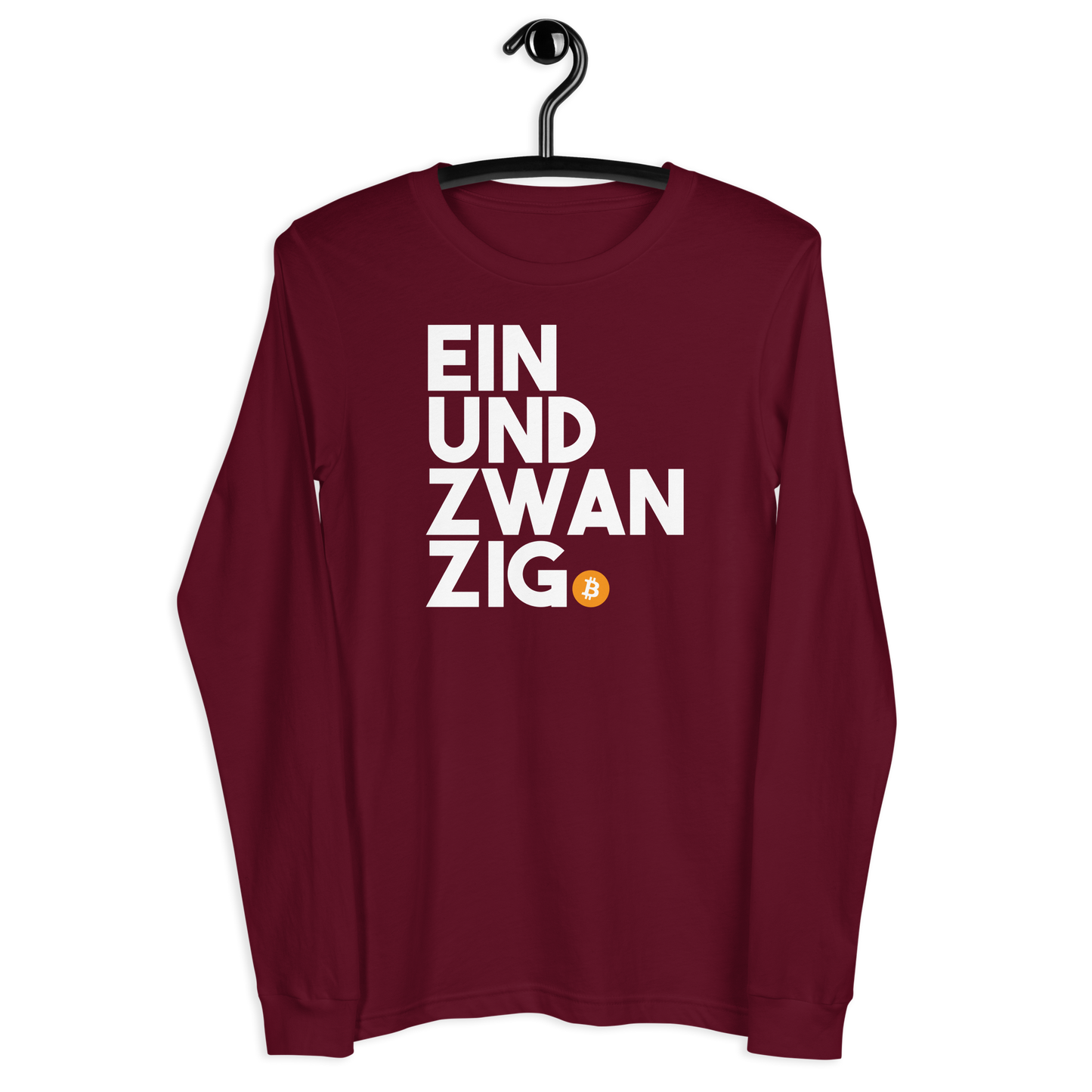 Front view of a maroon colored bitcoin long sleeve tee.