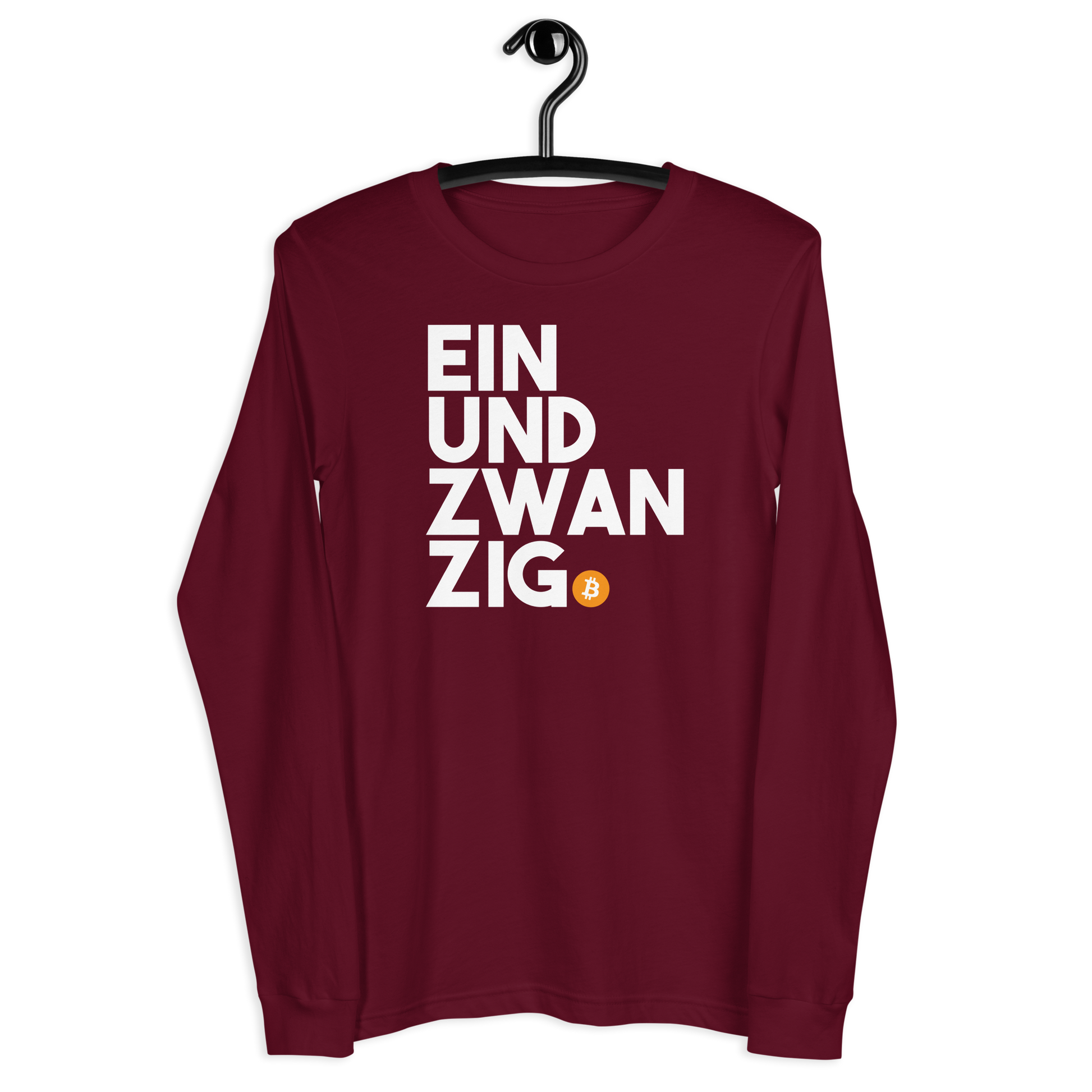 Front view of a maroon colored bitcoin long sleeve tee.